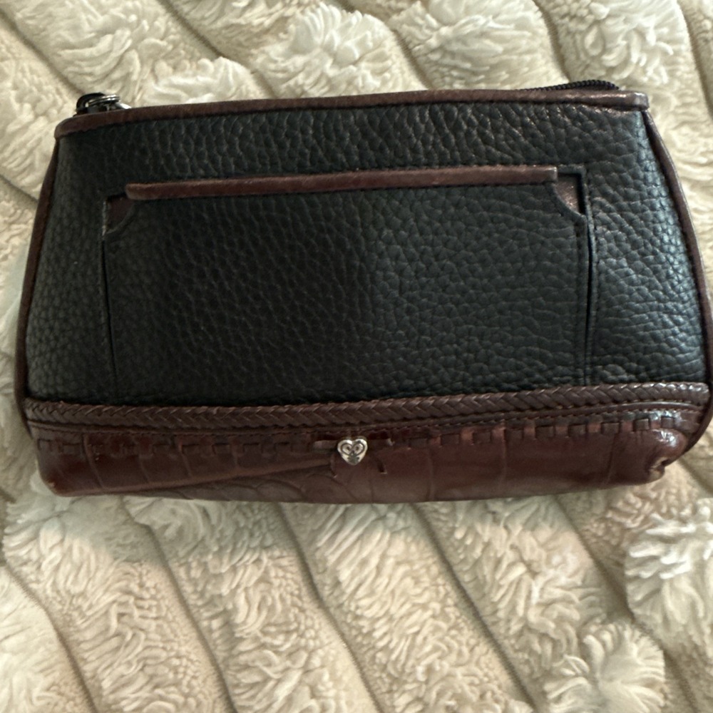 Brighton Black & Brown Leather Zippered Clutch Wallet Heart Charms &‎ Mirror B9